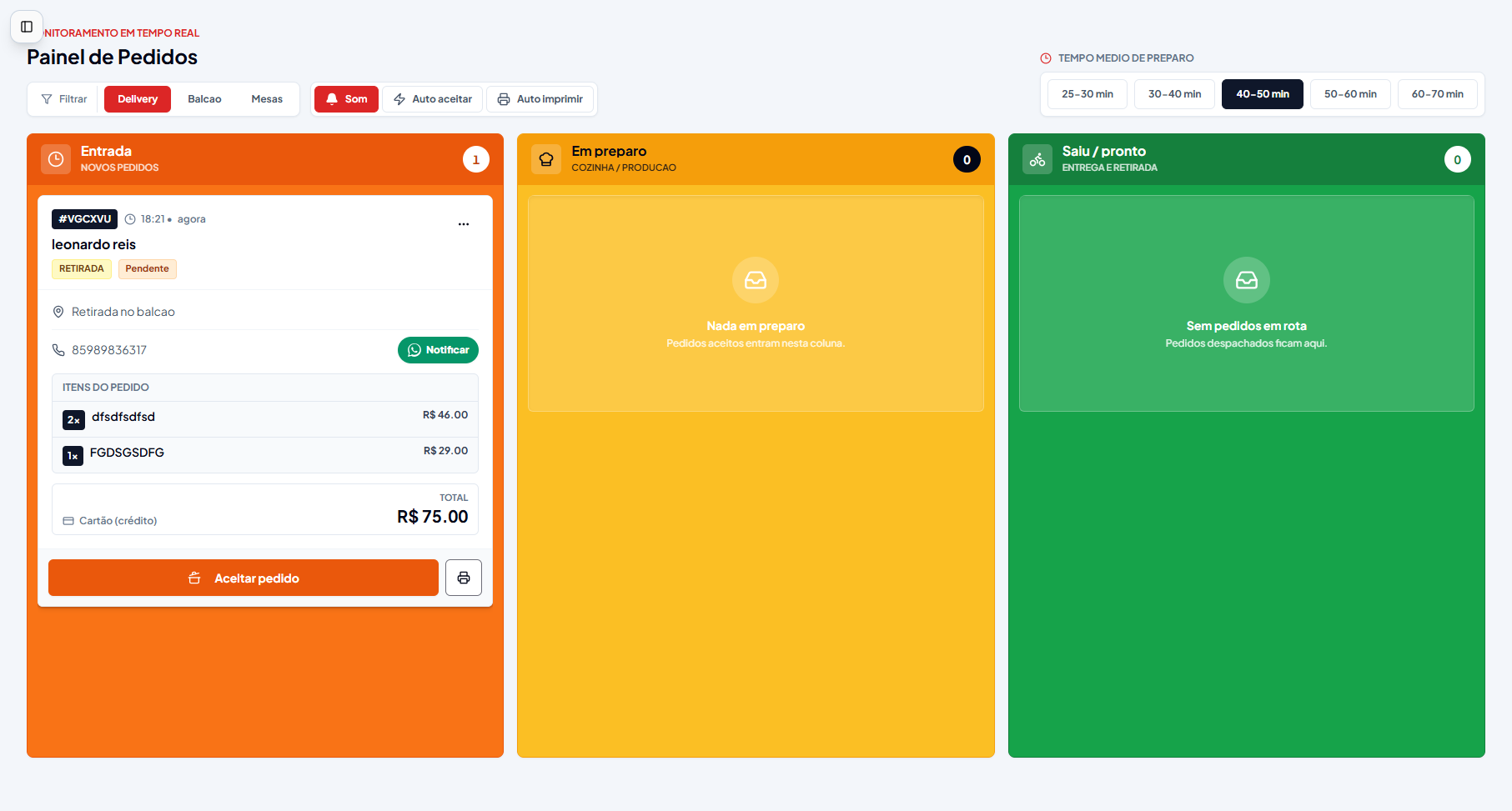 Painel de pedidos delivery da Minha Loja Pro